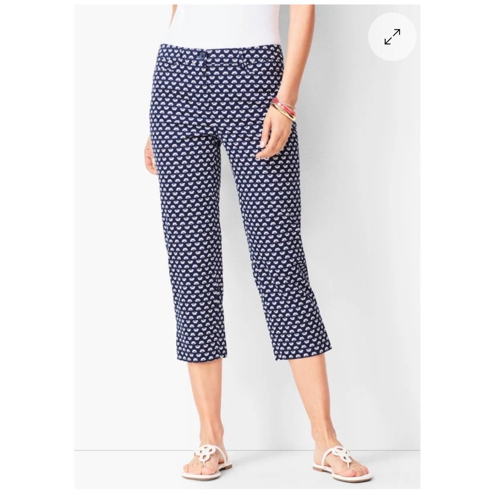 Talbots Perfect Skimmer Fan Print Pants Navy White Slim Leg Pedal Pusher 14P